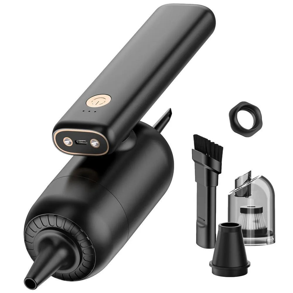 Cordless car vacuum cleaner with 4000mAh battery and replaceable nozzle on black background