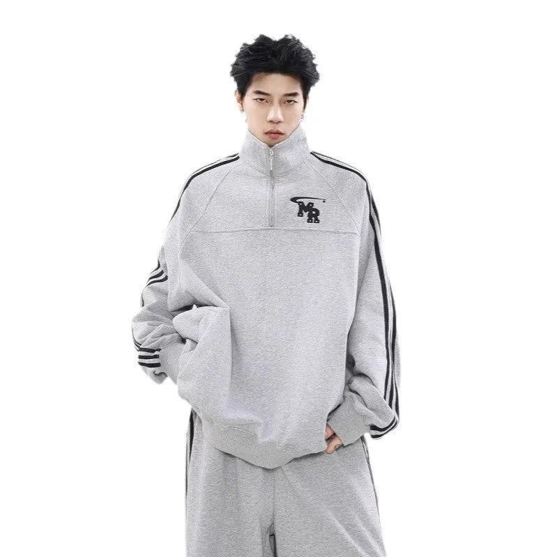 American retro casual sports sweater with stand collar in black polyester fabric