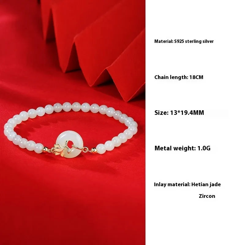Magnolia Hetian jade jewellery set with sterling silver necklace, bracelet and earrings in New Chinese style
