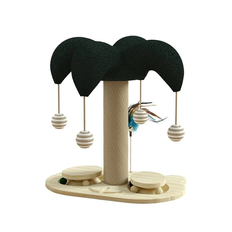 Solid wood cat scratching post with rotating sisal turntable in panda design pattern