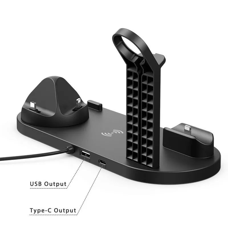 Black 3-in-1 charging stand holding a mobile phone, a headset, and a smartwatch on a desk.