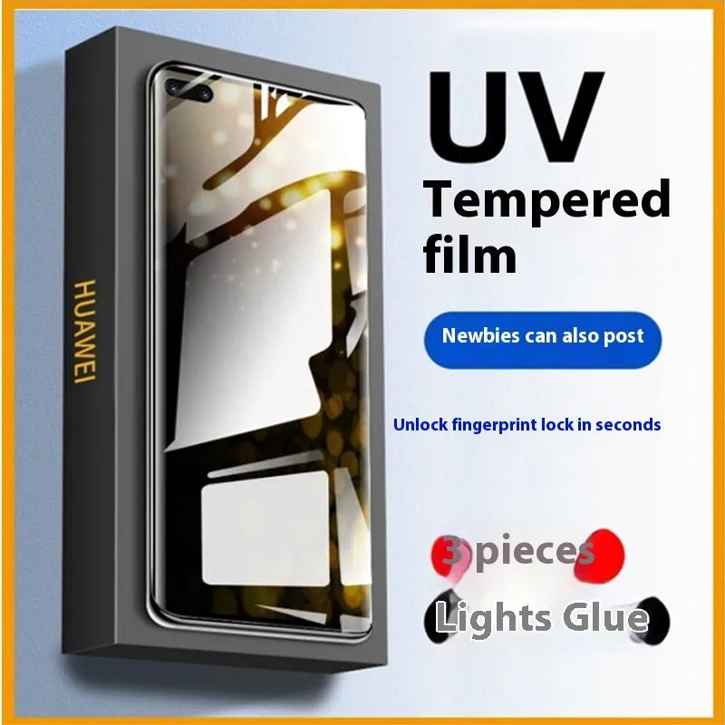 UV full glue tempered glass screen protector for Samsung Galaxy S24 showing HD clarity and full-screen coverage