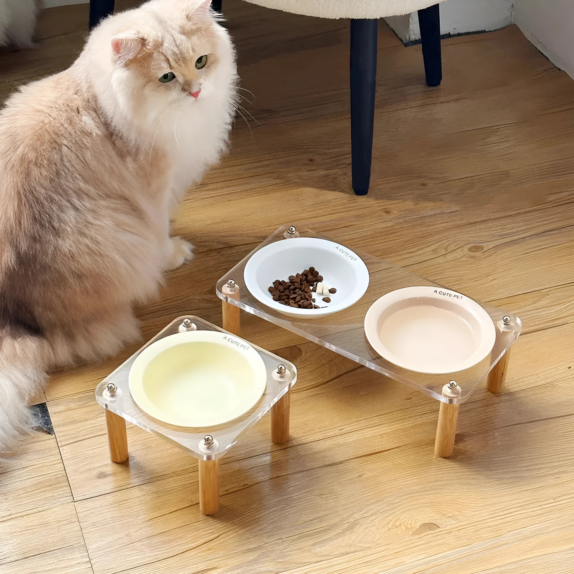 Cream yellow single ceramic cat bowl with wooden rack, anti-tumble design for elevated cat feeding