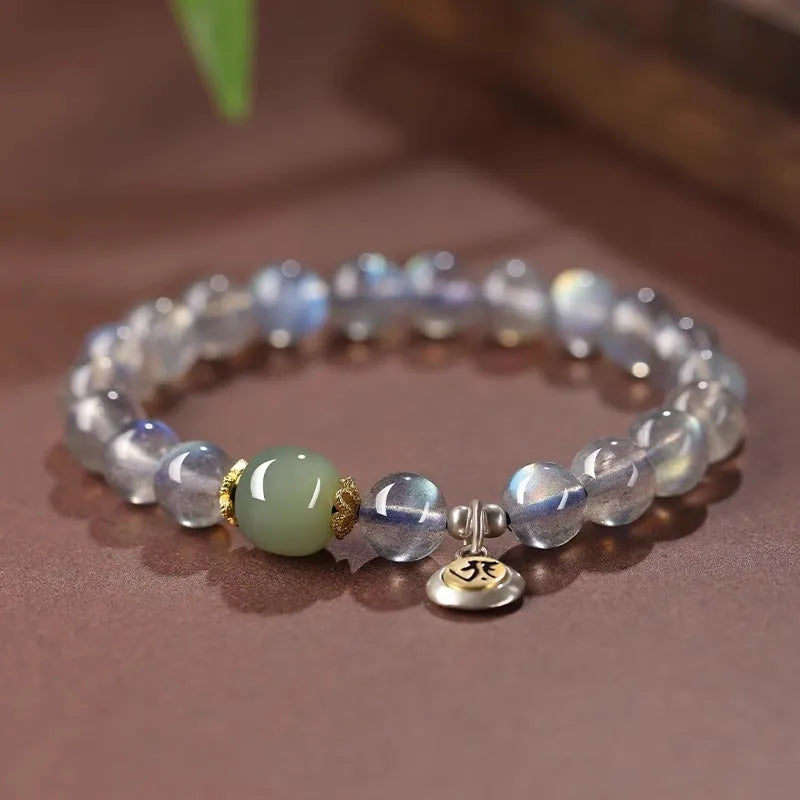 Moonstone women's bracelet with 8mm beads showing Thousand-Hand Kwan-yin mouse zodiac design and electroplated metallic finish