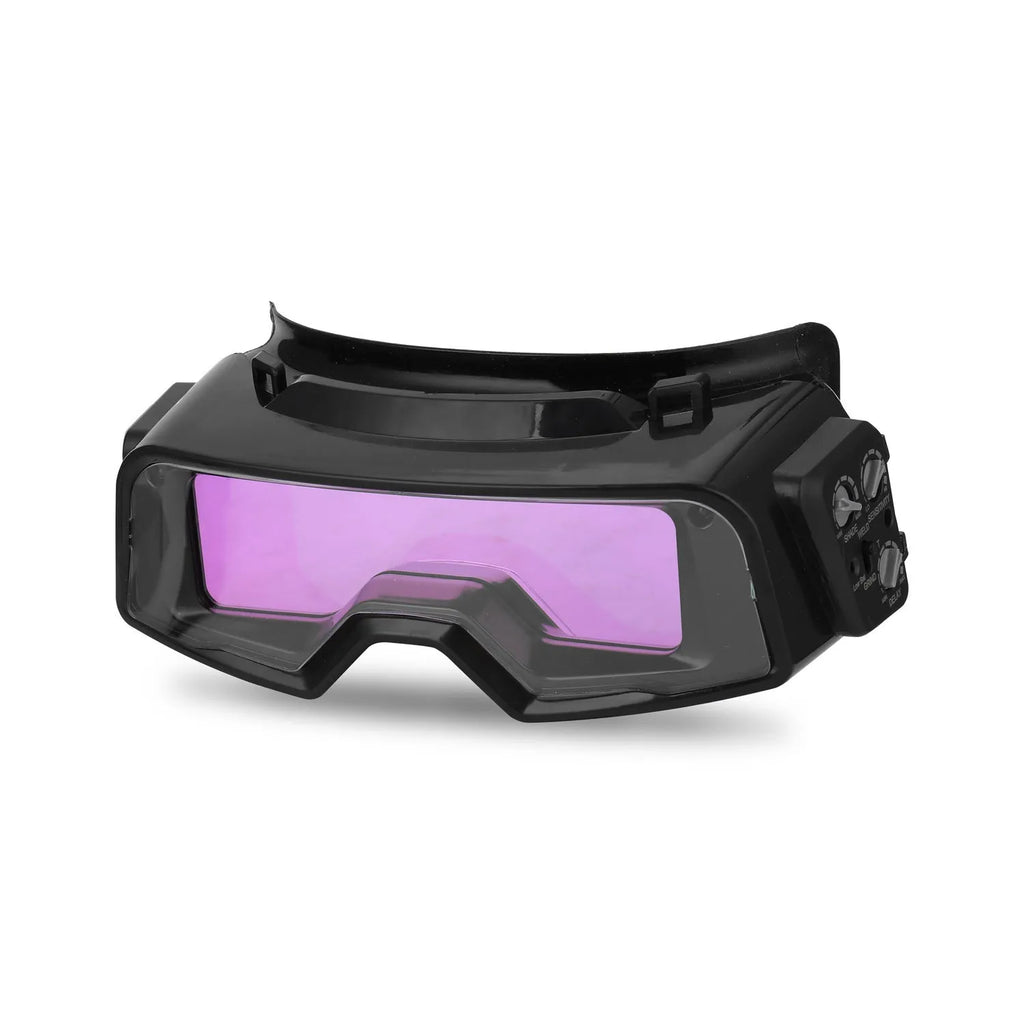 Black automatic darkening welding mask showing the large rectangular viewing lens and head strap.