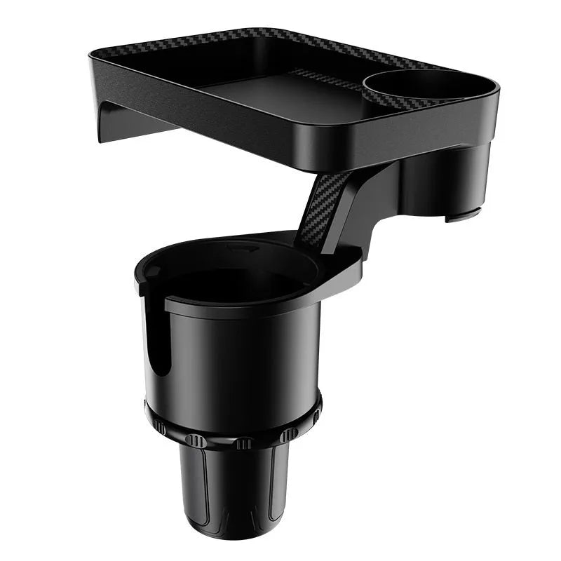 Black ABS plastic car cup holder with a 360-degree rotating base and an attached flat dinner plate.