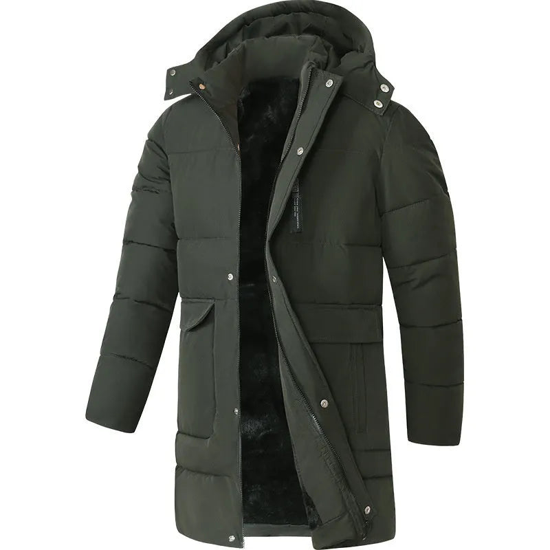 Men's long corduroy padded coat, thickened, drawstring style, available in black, army green and blue, sizes XL to 5XL