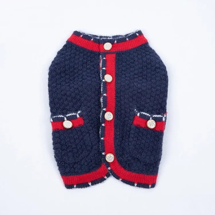 Blue wool dog sweater cardigan with classic princess style on mannequin showing button front
