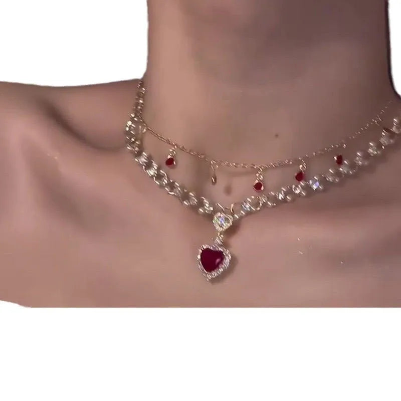 Red love heart double layer twin necklace on a regular chain, adjustable from 41cm to 50cm.