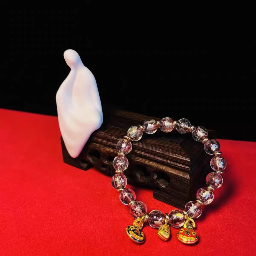 Ancient French Glaze geometric glass bead bracelet with auspicious patterns in red, purple, blue, green, black or colourful.