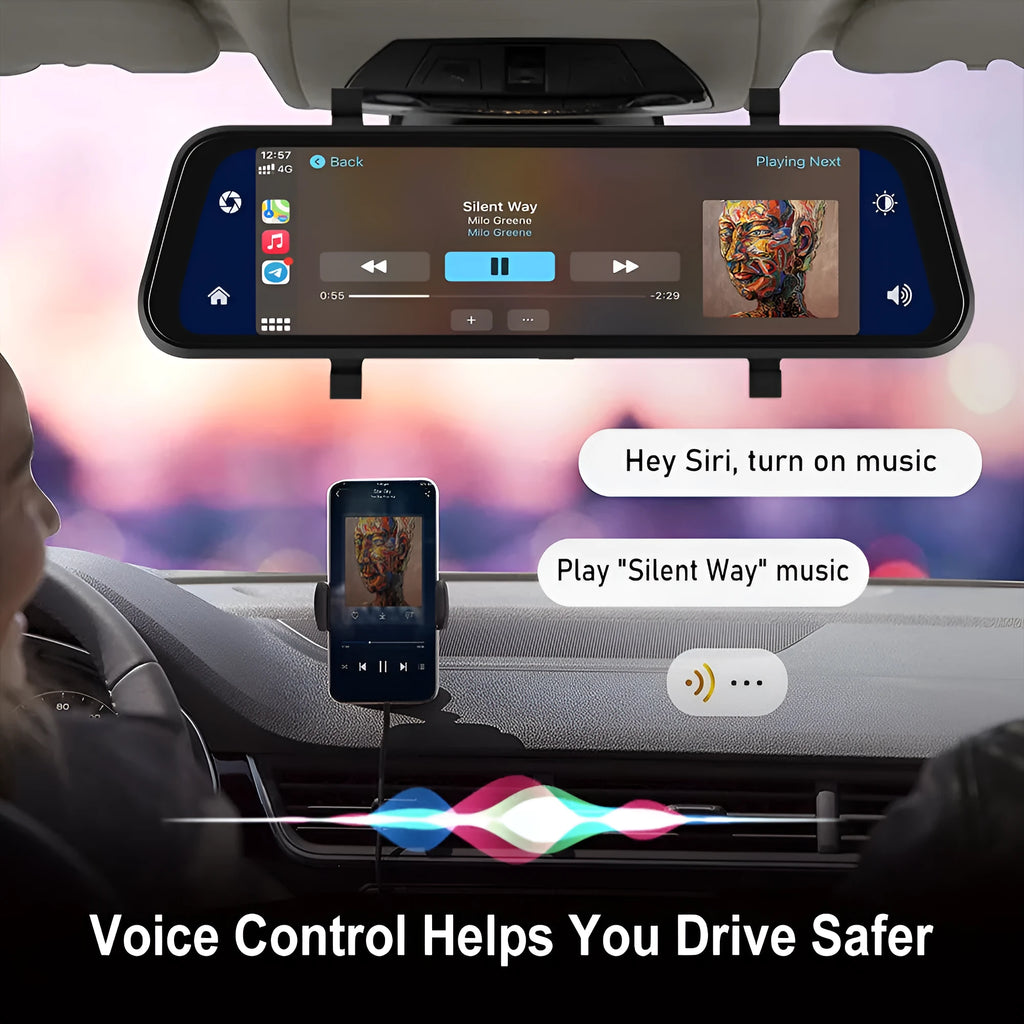 9.66-inch car mirror dash cam with touch screen displayed on a car windscreen.