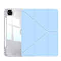 Clear acrylic iPad case with magnetic stand shown in light purple colour on a tablet.