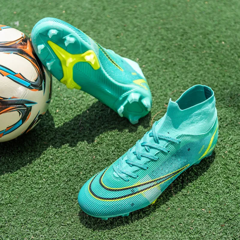 High top AG football boots for artificial turf with non-slip rubber outsole and elastic fit.