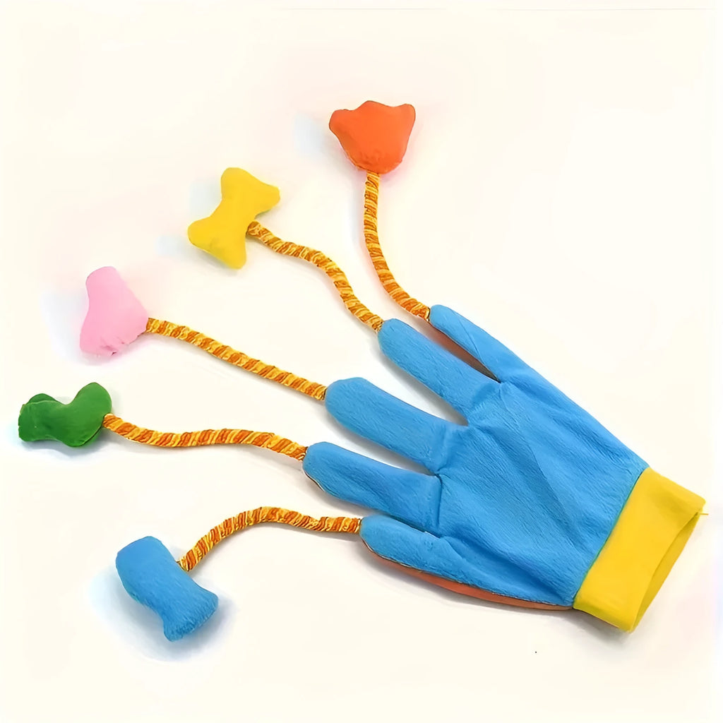 Yellow and blue plush magic glove cat toy with bell, shown with dimensions 40cm by 11cm.