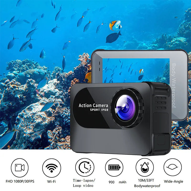 Black plastic action camera with touch screen and wide-angle lens, shown with USB cable.
