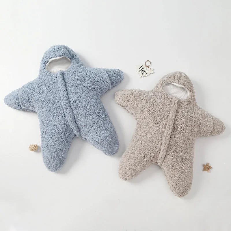 Baby sleeping bag with hood in cashmere and cotton, showing zipper and cuffs.