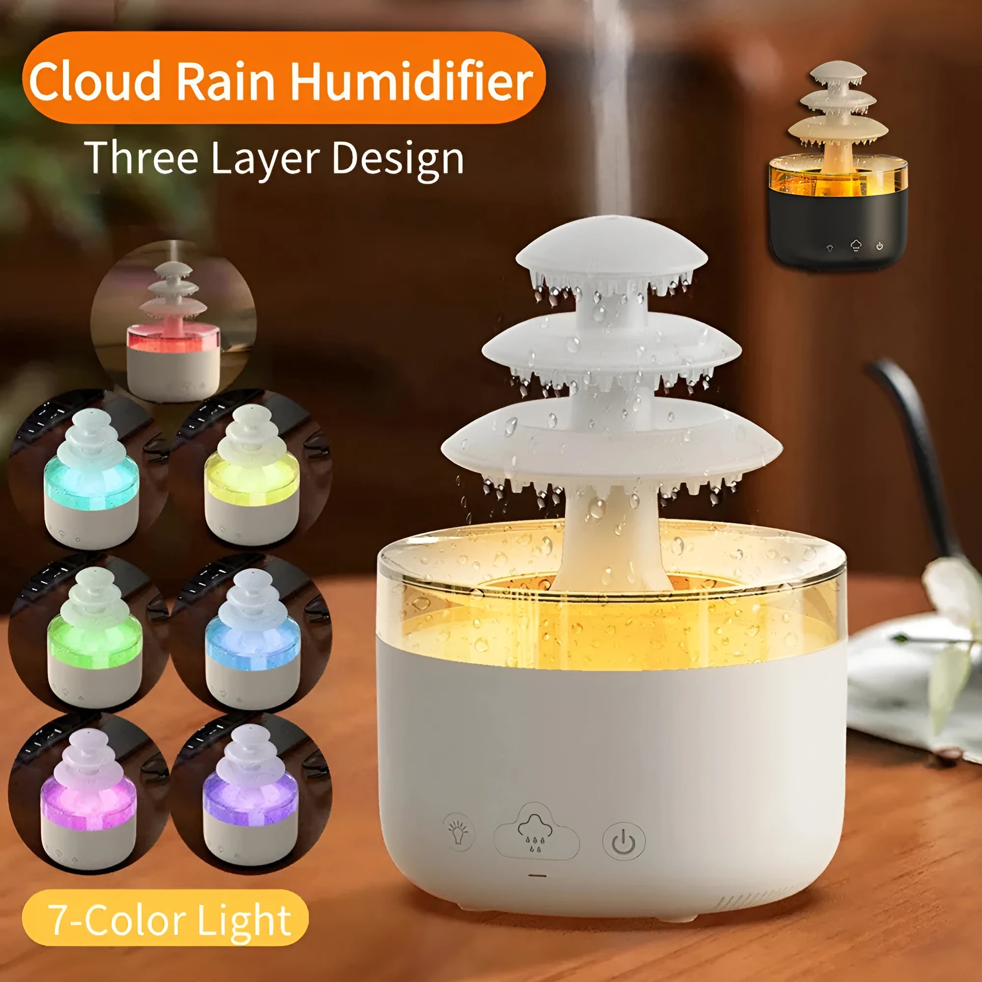 White cloud rain shape ultrasonic humidifier and essential oil diffuser with colourful LED lights on a table.