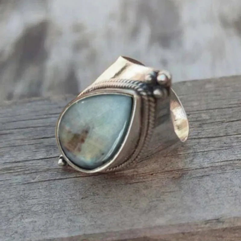 Ancient silver teardrop ring for women with copper electroplated band and stone-effect sticker, sizes 6-10