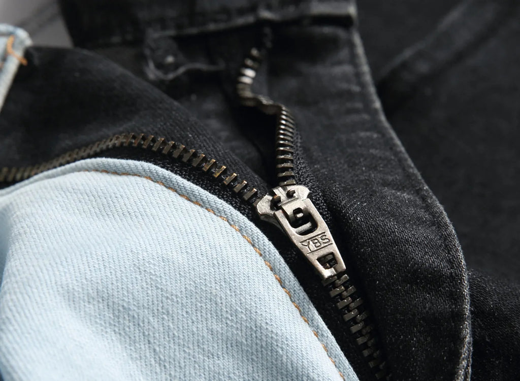 Men's two-colour fashion stitching stretch jeans in light blue and black, 95% cotton denim slim fit