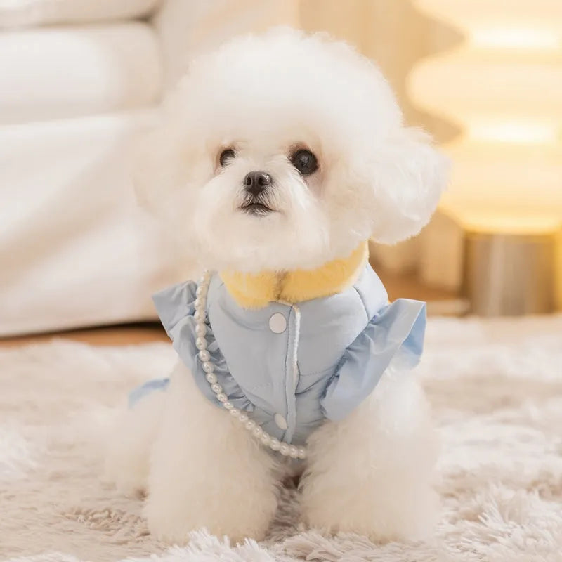 Small dog wearing a pink gingham princess skirt with built-in D-ring for leash attachment