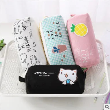 Creative simple cute corner animal pencil case in black cat pattern, leather, compact size