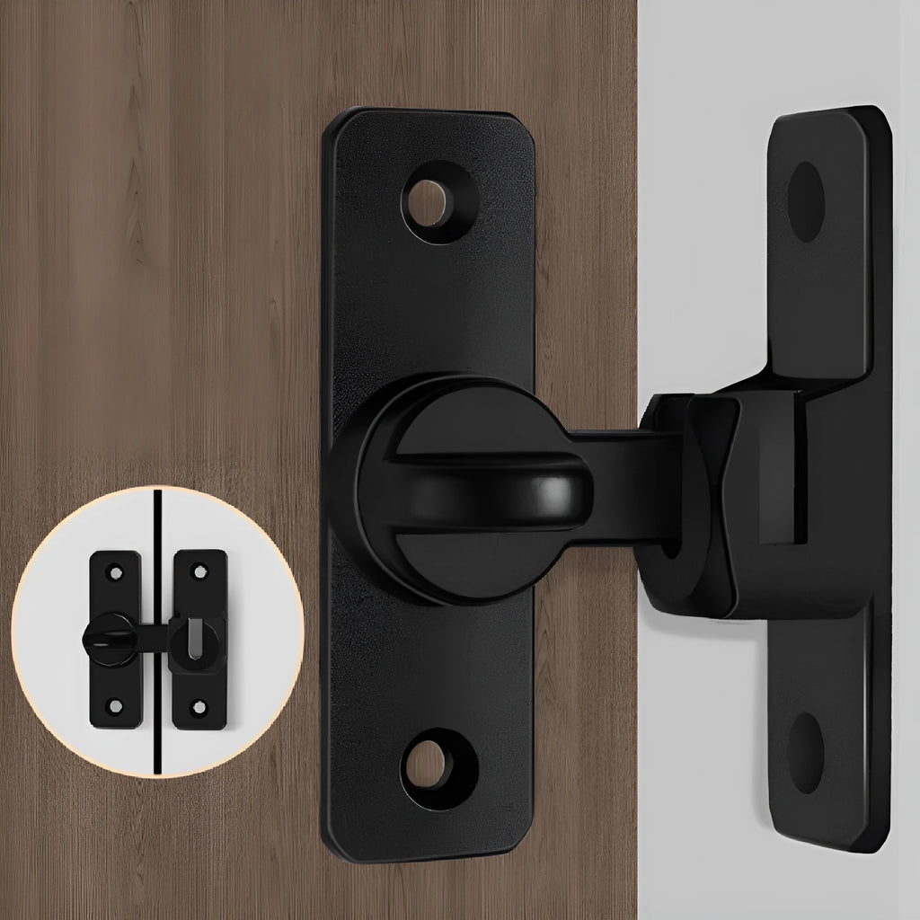 Aluminium alloy punch-free door latch in silver, black, grey, and gold finishes showing 90 and 180 degree opening angles.