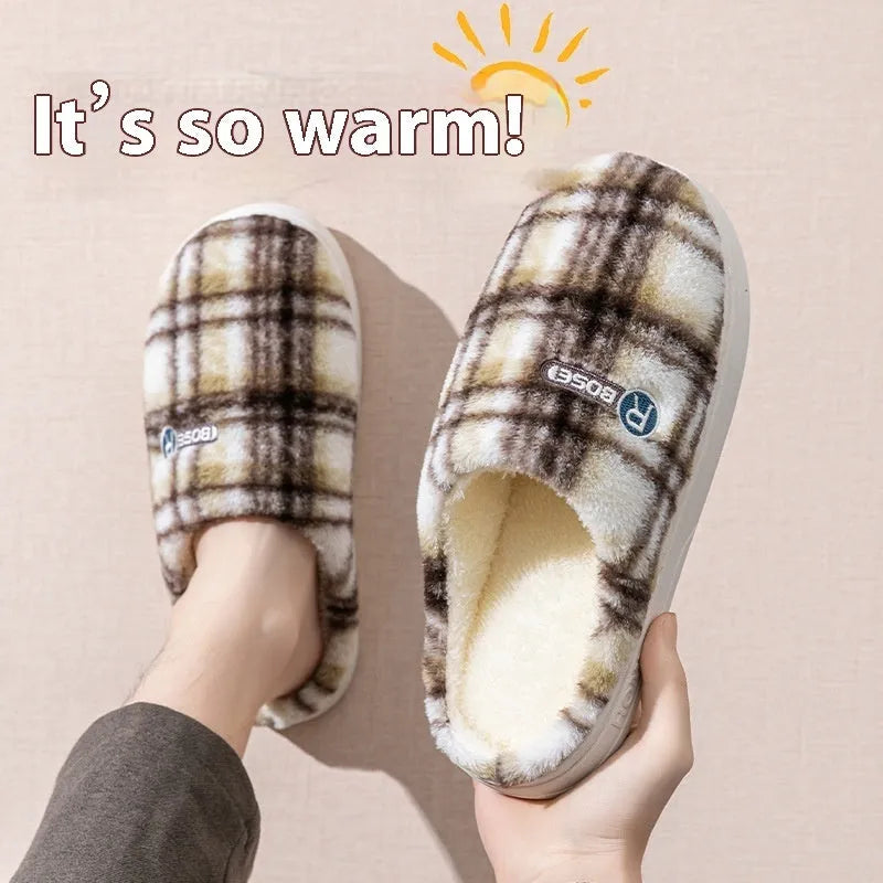 Plaid cotton slippers with non-slip PVC sole for indoor home use