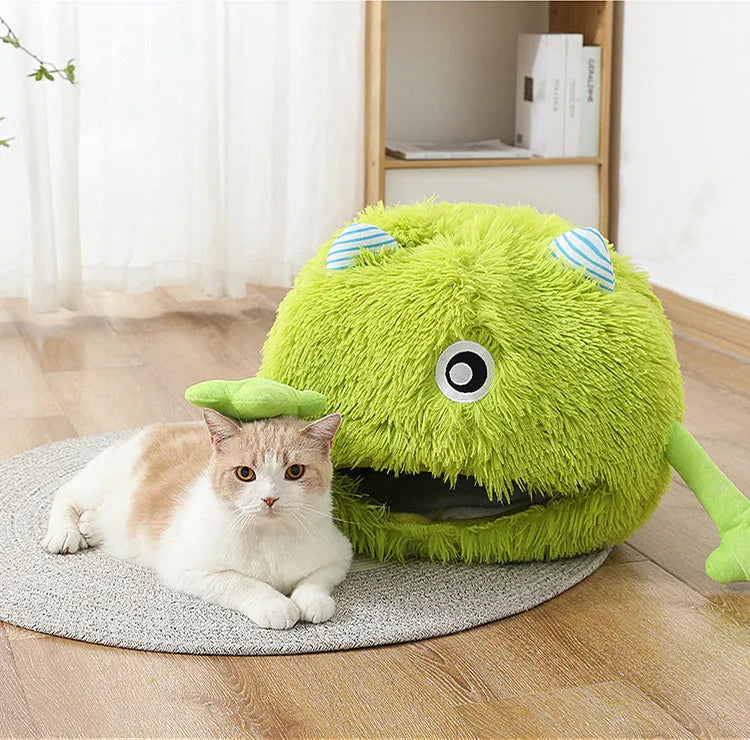 Fluffy round cat bed with plush material and non-slip bottom in three size options