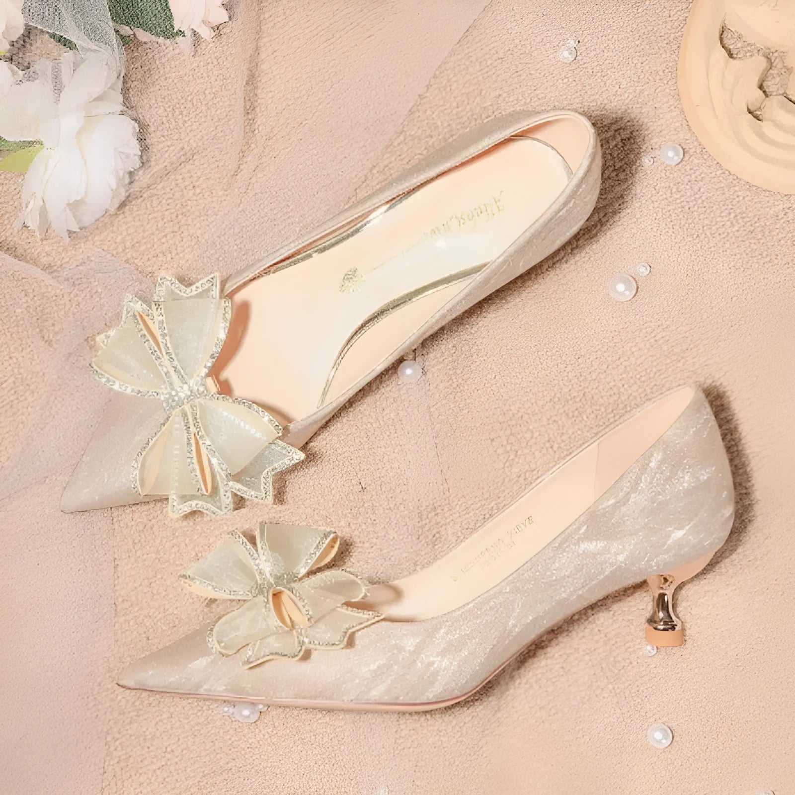 Women's champagne crystal sequinned pointed toe stiletto heels with multiple heel height options