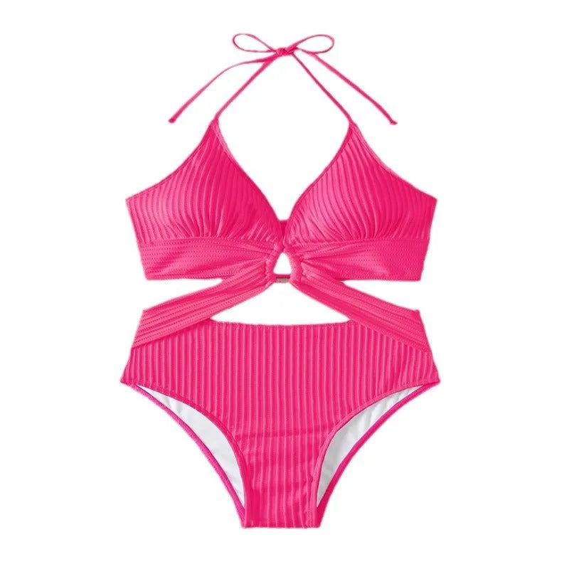 Women's solid colour one piece swimsuit in polyester, available in black, rose red, and white, sizes S to XL.