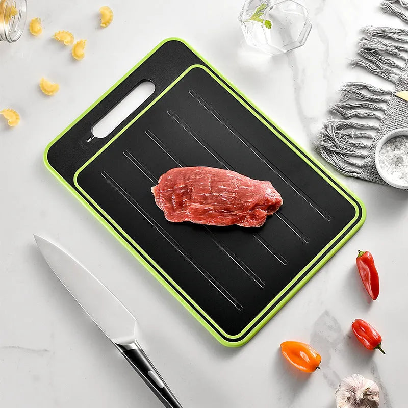 Grey square aluminium cutting board with double-sided design showing cutting surface and grinding teeth