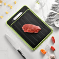 Grey square aluminium cutting board with double-sided design showing cutting surface and grinding teeth