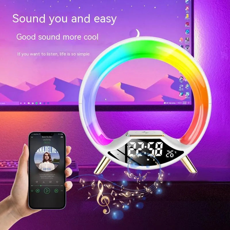 Multifunctional wireless charging Bluetooth speaker night light with clock display on bedside table.