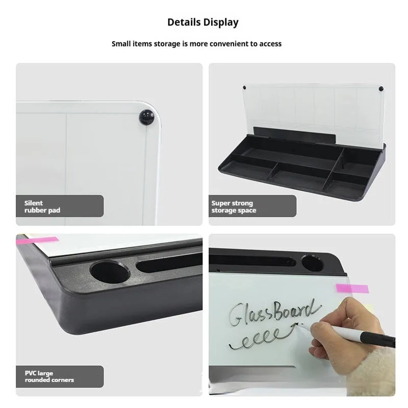 Table top glass whiteboard in black finish measuring 18x40cm with dry-erase marker