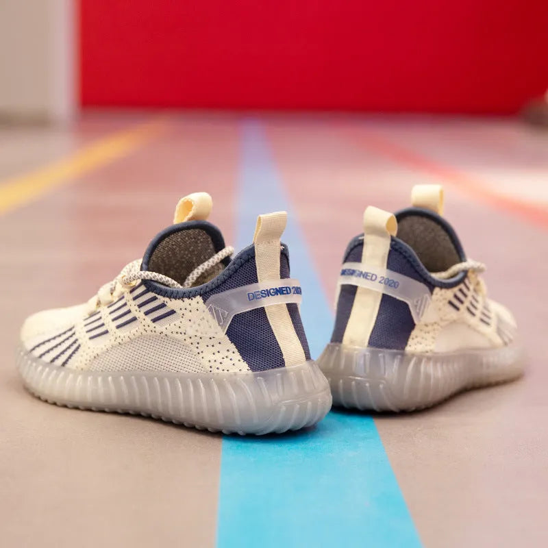 Men's breathable flying fabric sports shoes in white colour with mesh lining and round toe design