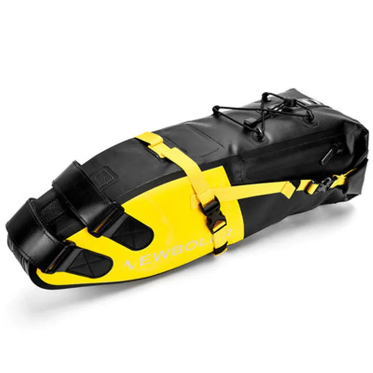 Yellow waterproof PVC bicycle tail bag mounted on a bike, showing its size and capacity.