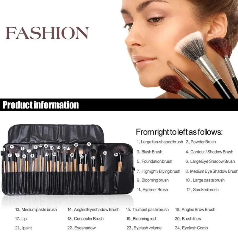 24 professional makeup brushes with wooden handles in a PU gift bag including eyebrow, powder and eyeshadow tools