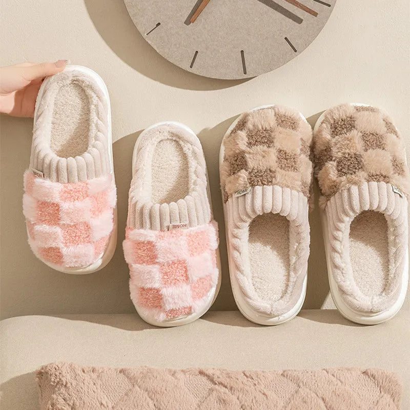Women's plush indoor slippers in coffee colour with round toe and non-slip PVC sole.