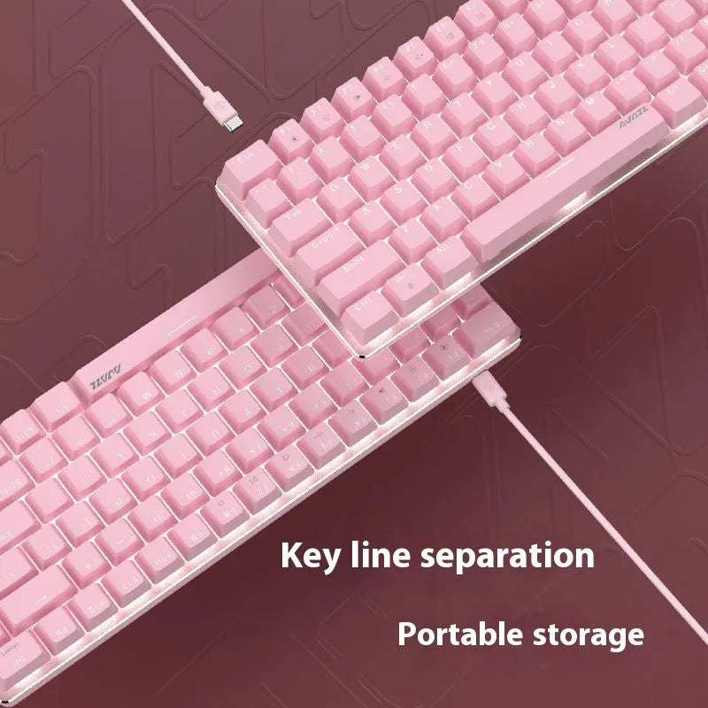 Pink-themed 82-key mechanical keyboard with white backlight on a metal chassis