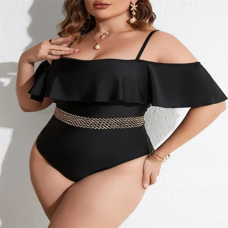 Black women's one-piece swimsuit shown in extended sizes