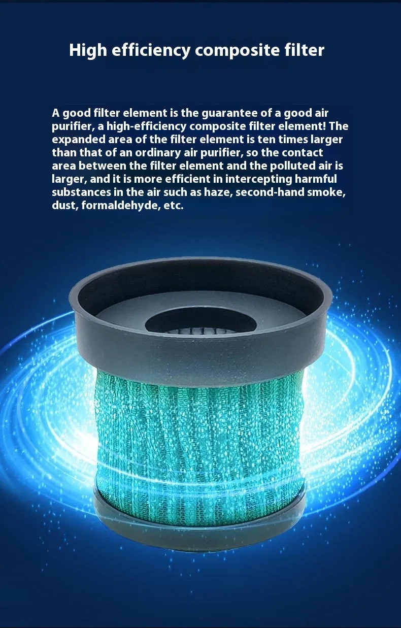 Black rectangular car air purifier with a USB cable, dimensions 68 by 187mm.