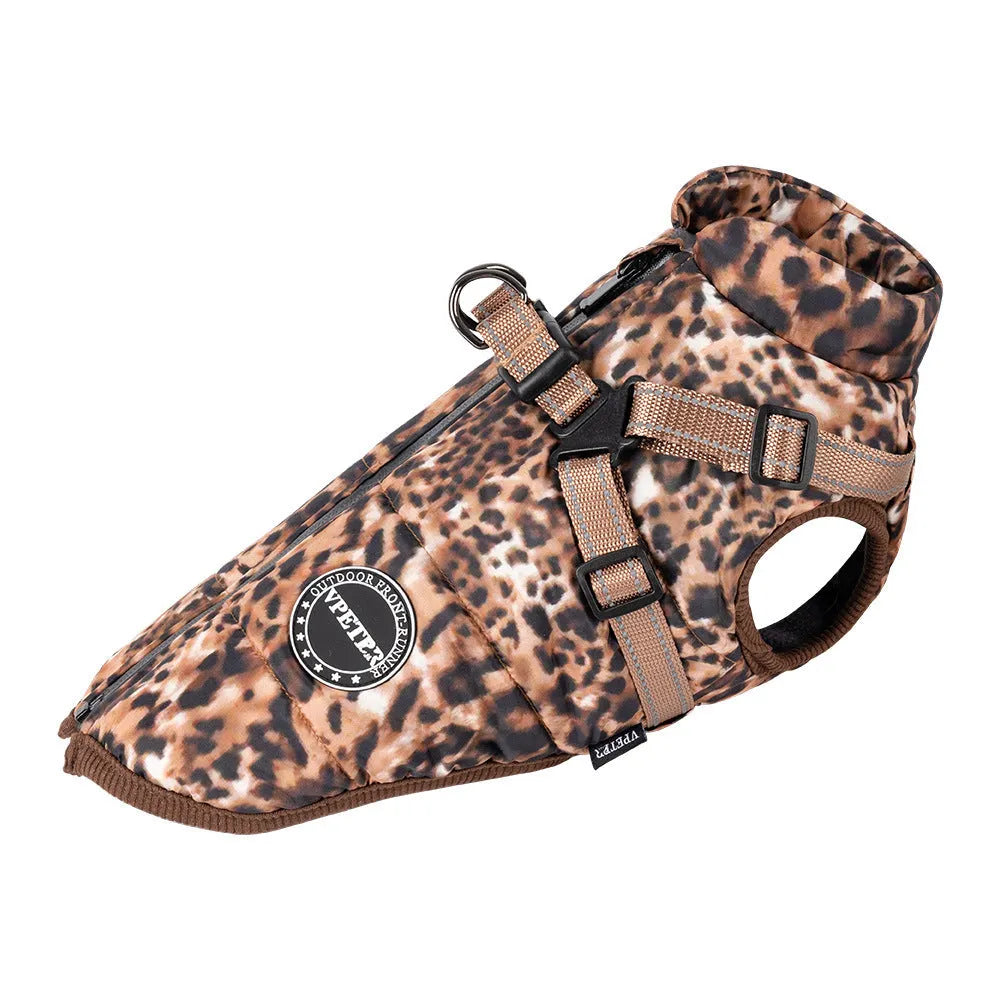 Leopard print pet top with integrated chest and back traction rope for dogs