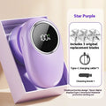 Beige and purple digital display fur ball trimmer with one, two, three, and four cutter head options.