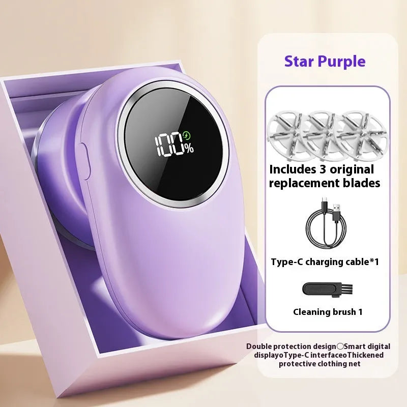 Beige and purple digital display fur ball trimmer with one, two, three, and four cutter head options.