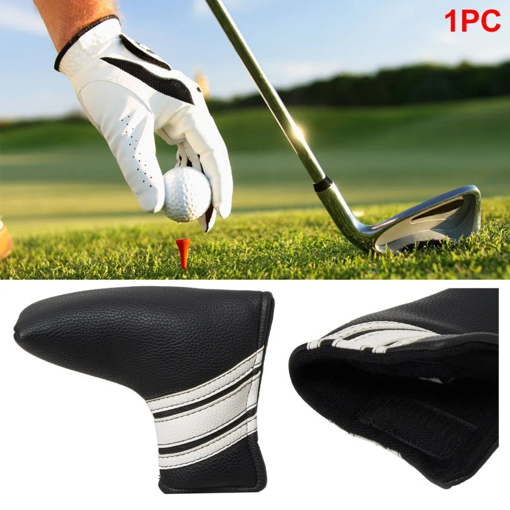 Black PU leather golf push rod sleeve for storing club head covers.