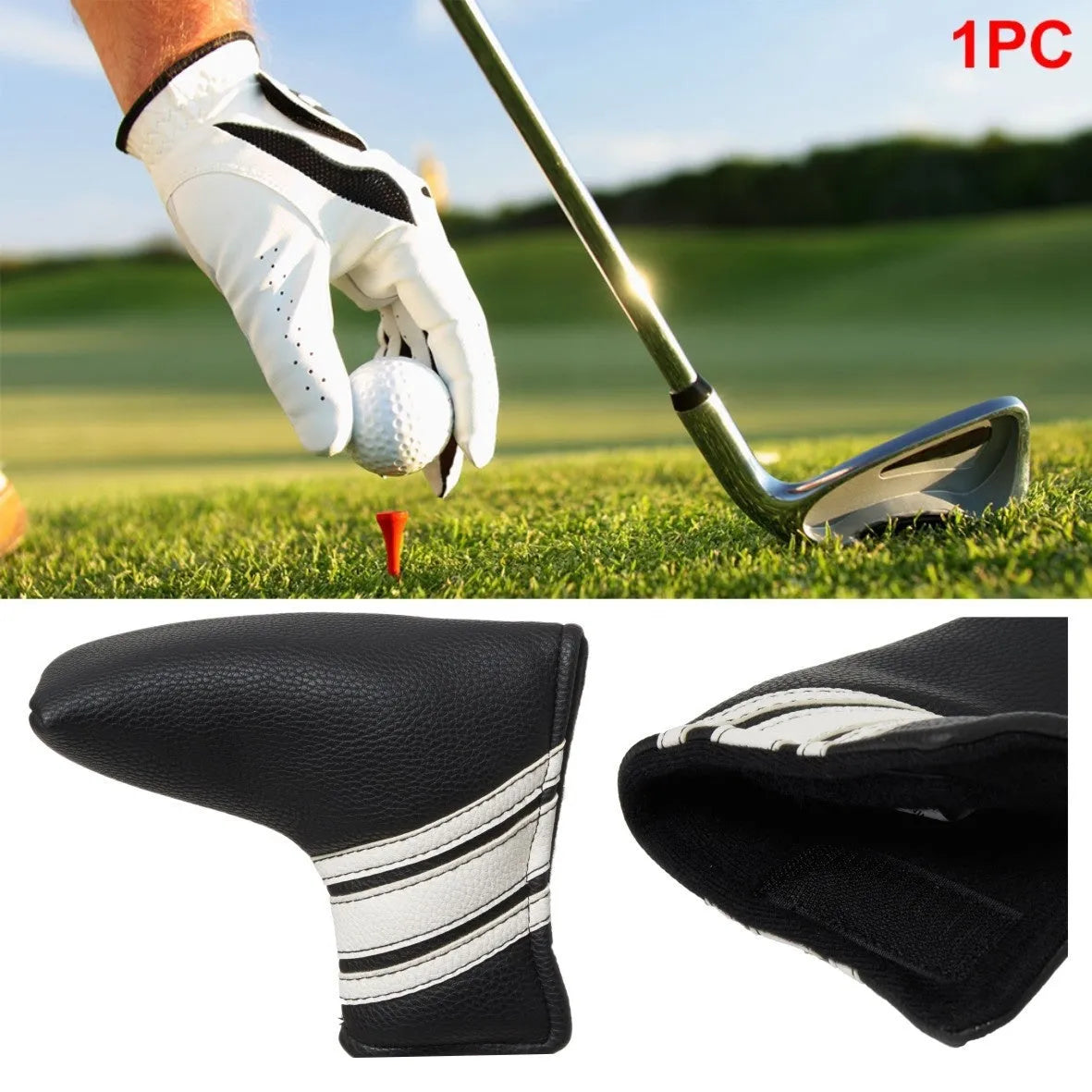 Black PU leather golf push rod sleeve for storing club head covers.