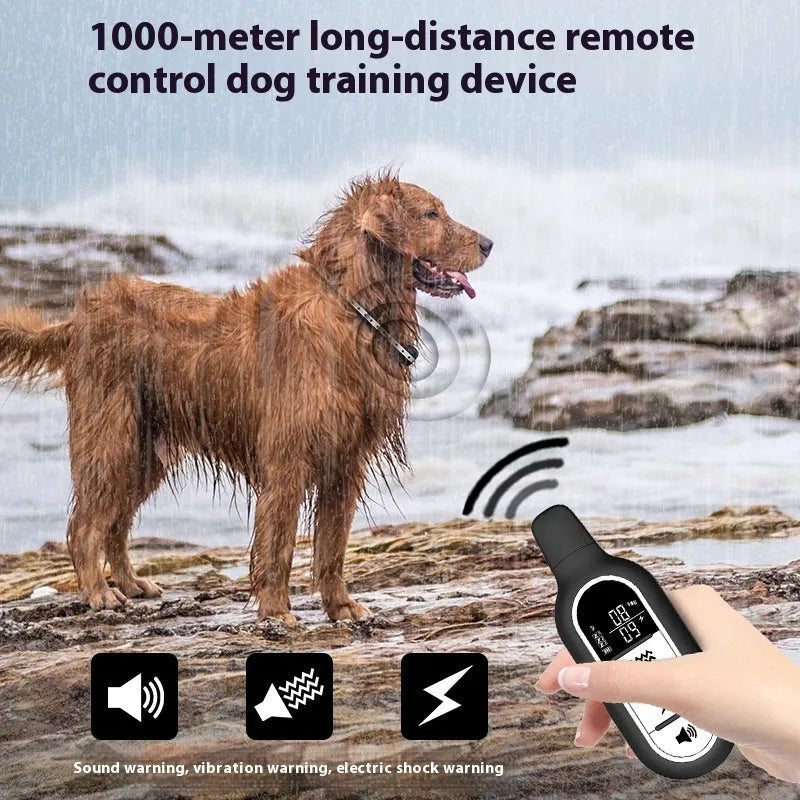 Black waterproof remote control dog trainer with ABS material collar and handheld remote on a neutral background.
