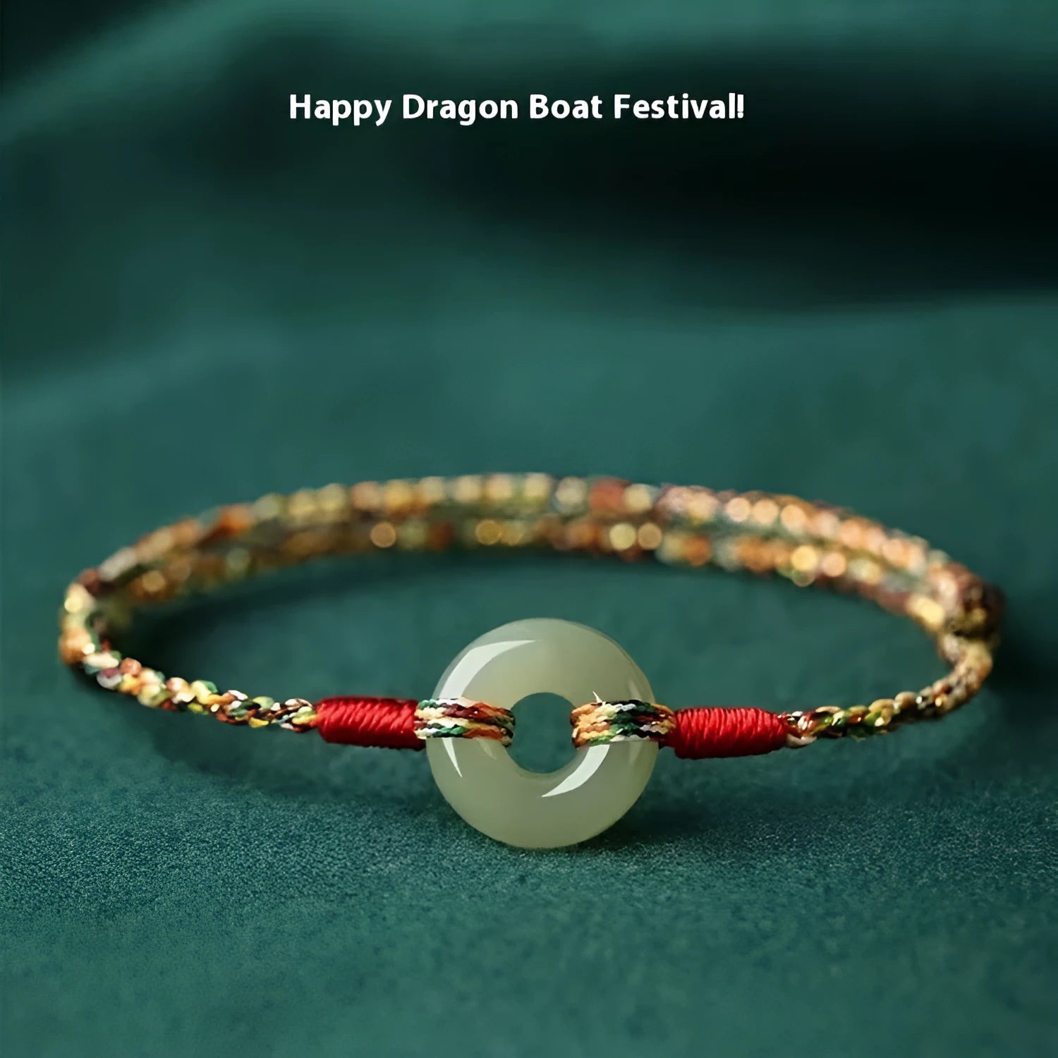 A woven bracelet with a peace buckle on a colourful braided rope.