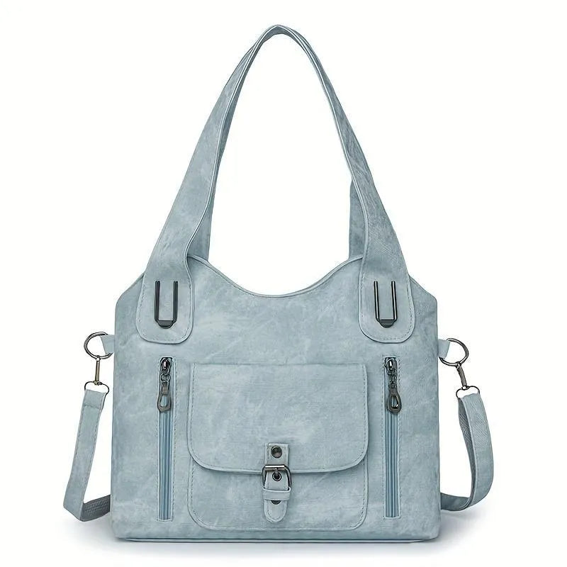 Soft synthetic leather handbag with metal accent in vintage style, colour example shown