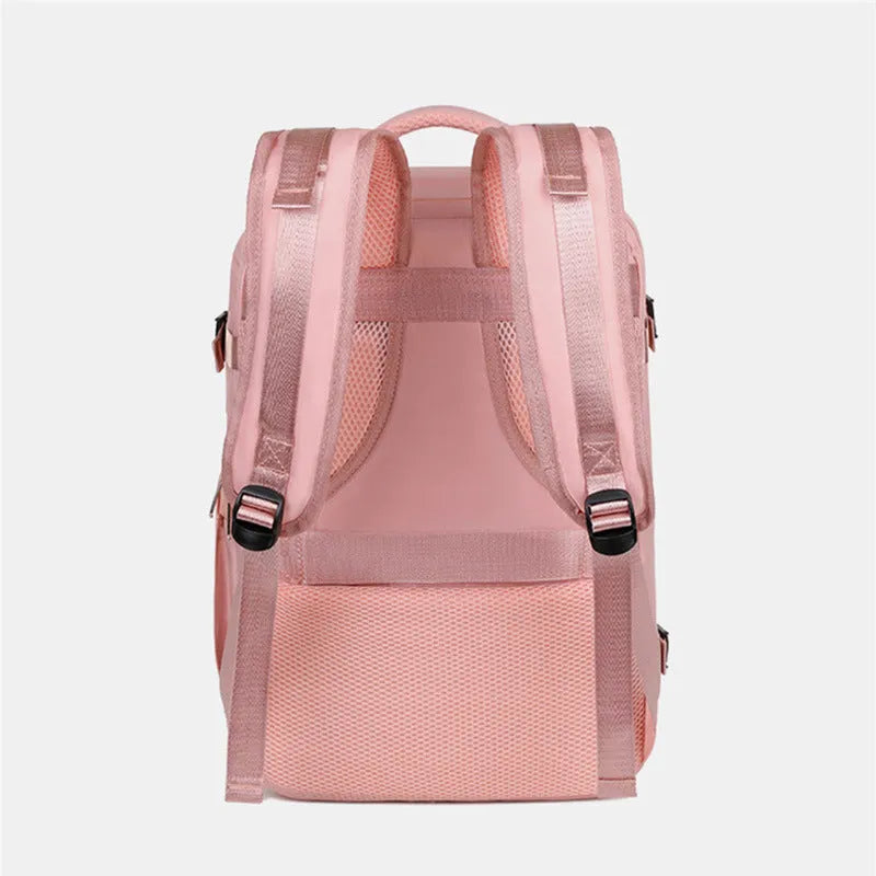 Large purple travel backpack with laptop compartment and air pillow shoulder straps shown open to reveal internal organisation pockets.